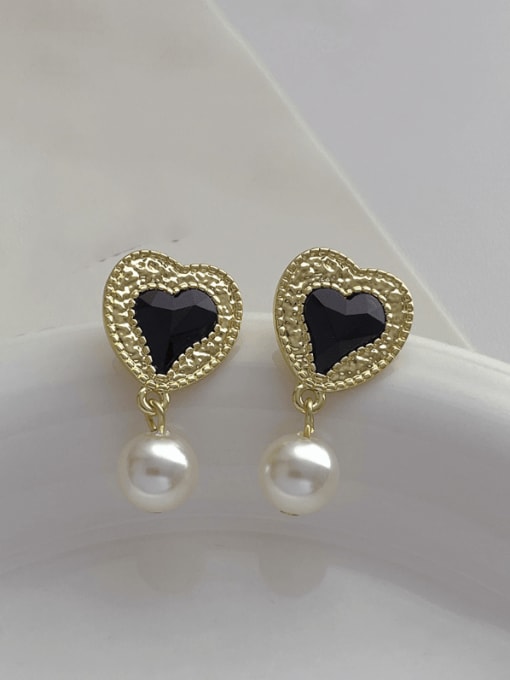 Q176 black Brass Glass Stone Heart Vintage Drop Earring