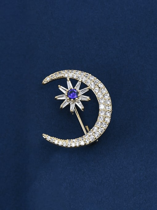 YOUH Brass Cubic Zirconia Moon Dainty Brooch