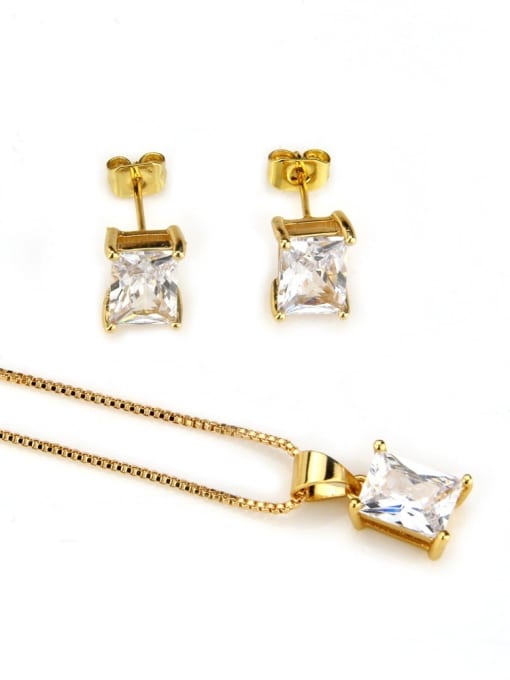 Gold plated white zirconium Brass Rectangle  Cubic Zirconia Earring and Necklace Set