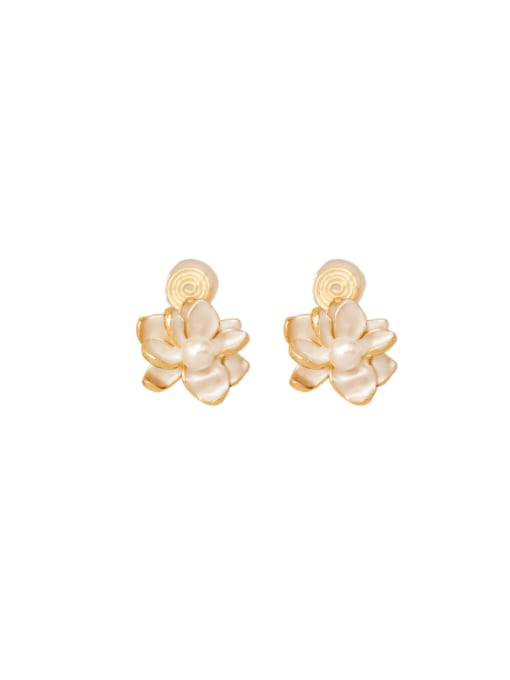 14K gold white thin coated 6 pearls Brass Enamel Flower Vintage Clip Earring