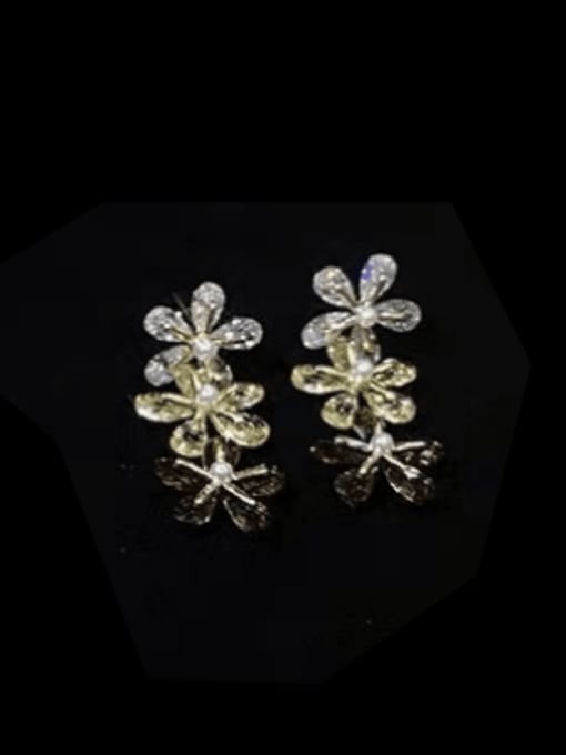 Gold Brown ED00581 Brass Cubic Zirconia Flower Dainty Drop Earring