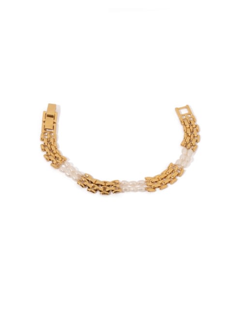 golden Brass Freshwater Pearl Geometric Vintage Link Bracelet