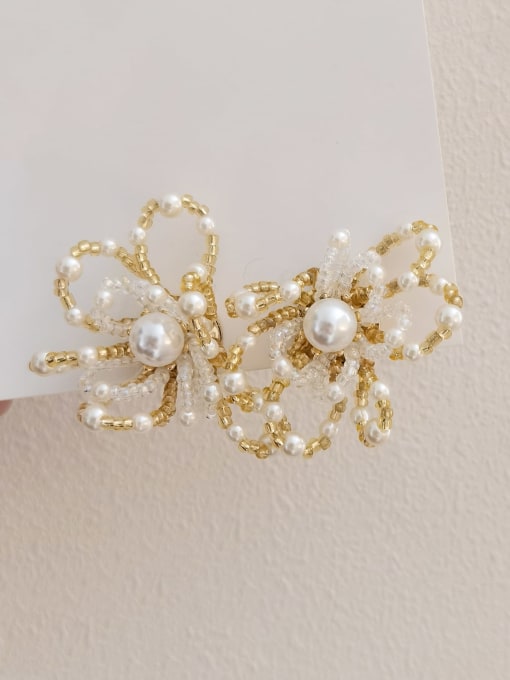 14k Gold Brass Imitation Pearl Flower Statement Stud Earring