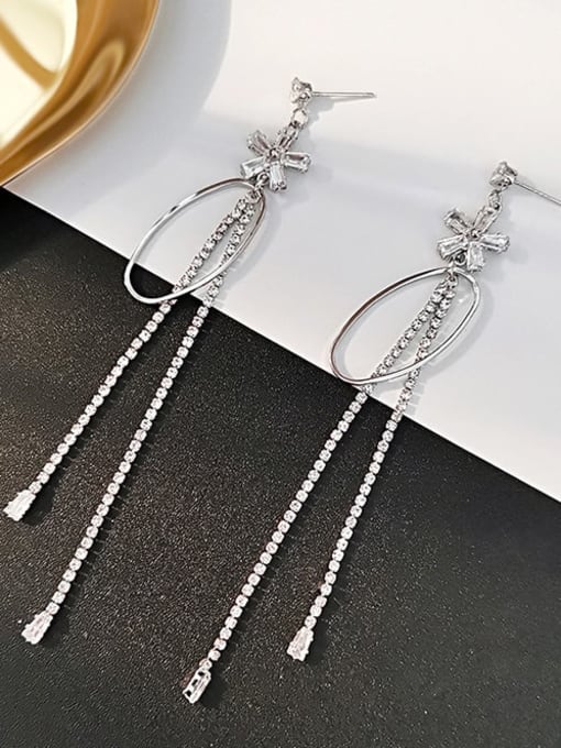 White K Copper Cubic Zirconia Tassel Dainty Threader Trend Korean Fashion Earring