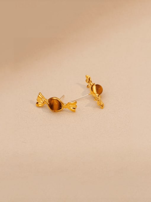 18K Gold Brass Tiger Eye Geometric Vintage Stud Earring