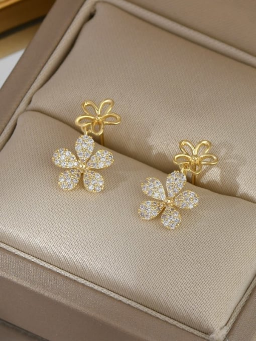 Gold ED63993 Brass Cubic Zirconia Flower Dainty Drop Earring