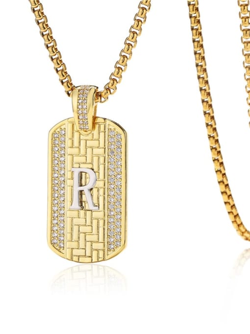 R Brass Cubic Zirconia Letter Vintage Geometric Pendant Necklace