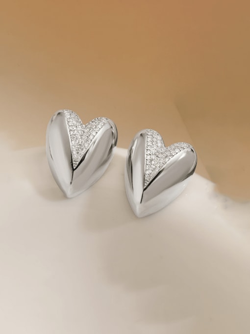 45779 Brass Cubic Zirconia Heart Minimalist Stud Earring