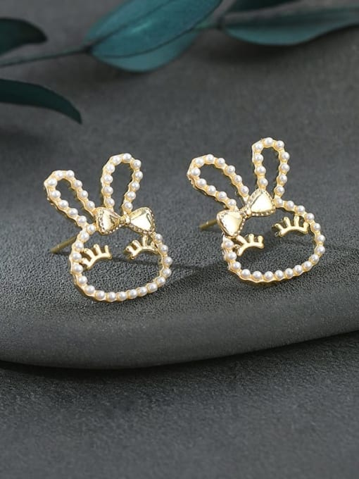 Gold ED66410 Brass Imitation Pearl Rabbit Cute Stud Earring