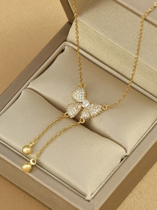 Gold XL62416 Brass Cubic Zirconia Bowknot Dainty Necklace