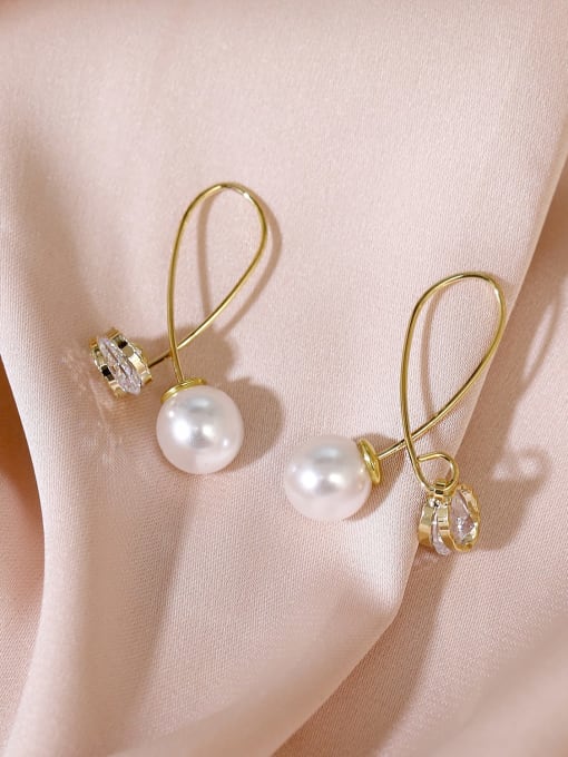 14k Gold Brass Imitation Pearl Cross Minimalist Hook Earring