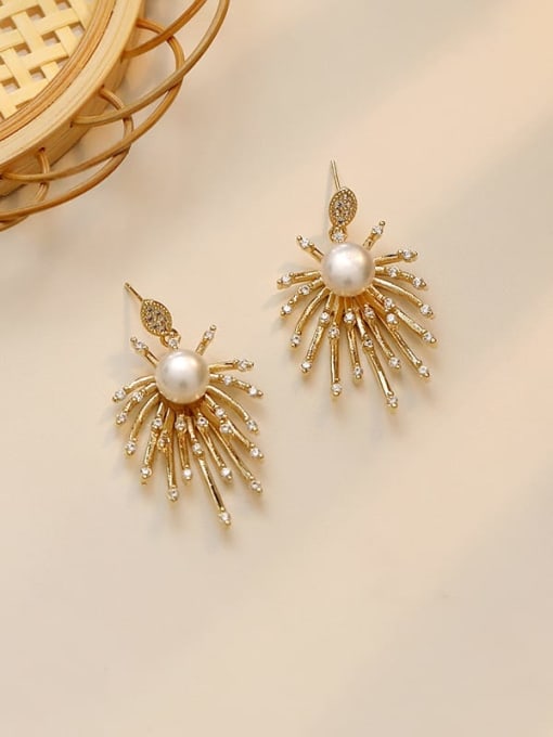 14K  gold Copper Imitation Pearl Geometric Statement Stud Trend Korean Fashion Earring