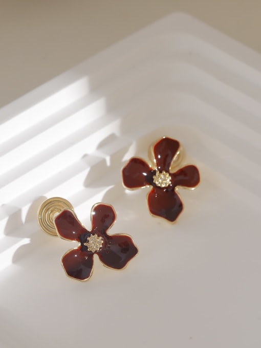 Light Gold+ Wine Red Brass Enamel Flower Minimalist Clip Earring