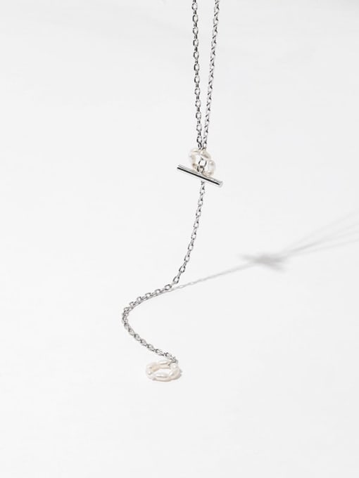steel(multiple ways to wear) Brass Freshwater Pearl Geometric Minimalist Lariat Necklace
