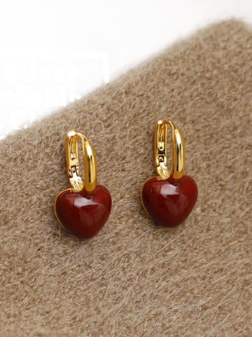 18K Golden Wine Red Brass Enamel Heart Minimalist Huggie Earring
