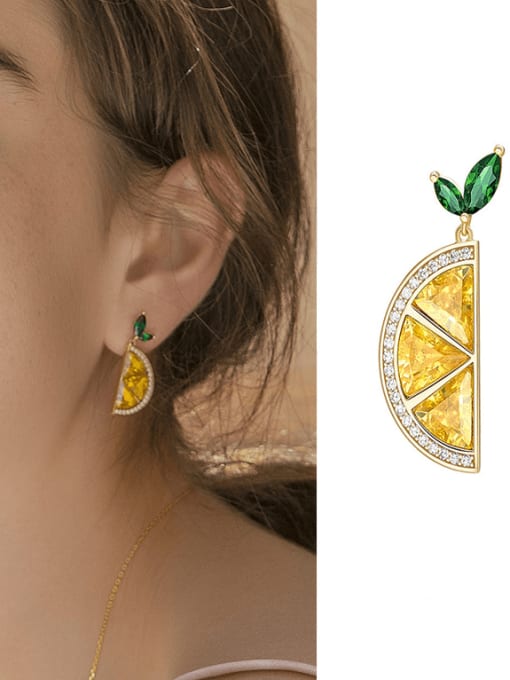 sliced lemon Gold Earrings Brass Cubic Zirconia Friut Cute Drop Earring