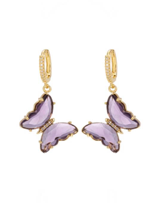 Dream Purple Brass Glass Stone Multi Color Butterfly Minimalist Huggie Earring