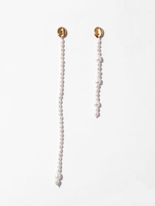 golden Brass Freshwater Pearl Irregular Minimalist Long asymmetrical  Threader Earring
