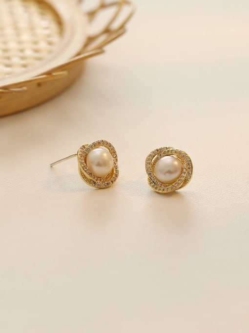 14K  gold Copper Imitation Pearl Round Minimalist Stud Trend Korean Fashion Earring