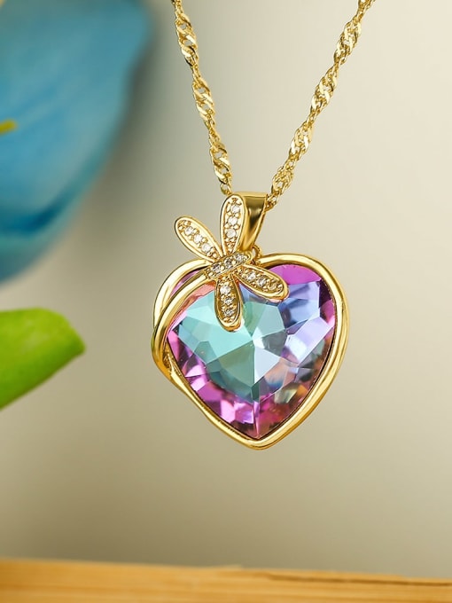 23281 Brass Glass Stone Heart Minimalist Necklace