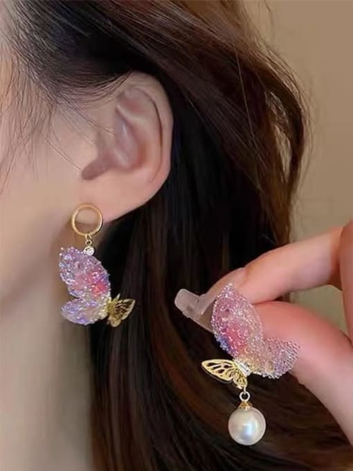 Fairy Pink Earrings Brass Butterfly Dainty Drop Earring