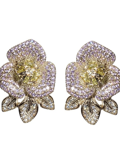 Pink Brass Cubic Zirconia Flower Vintage Stud Earring