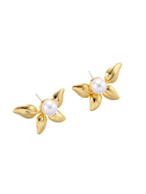 gold Brass Imitation Pearl Leaf Minimalist Stud Earring