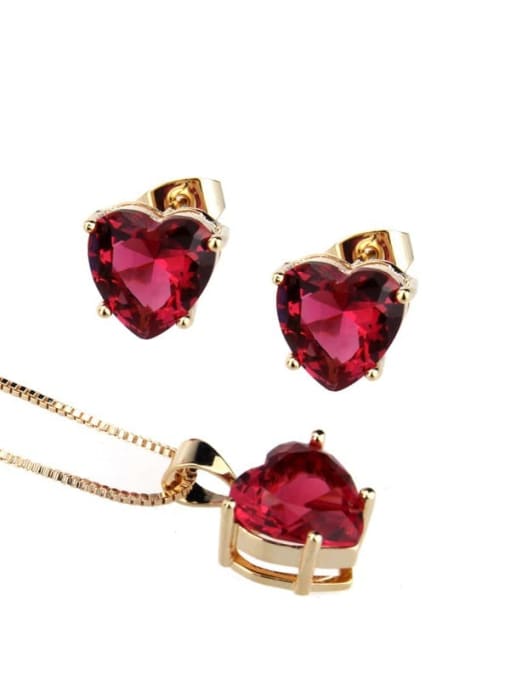 Gold Plated Red Brass Cubic Zirconia Dainty Heart  Earring and Necklace Set