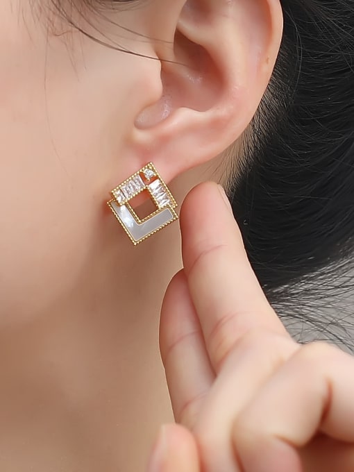 HYACINTH Brass Cubic Zirconia Shell Square Minimalist Stud Earring 1