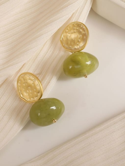 Matte Gold Green Brass Resin Geometric Minimalist Stud Earring