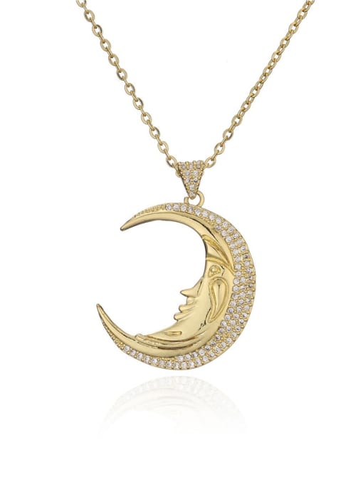 20796 Brass Cubic Zirconia  Vintage Moon Pendnat Necklace