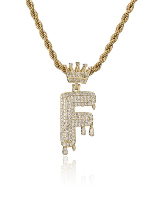 F Brass Cubic Zirconia Crown Hip Hop Letter Pendant Necklace
