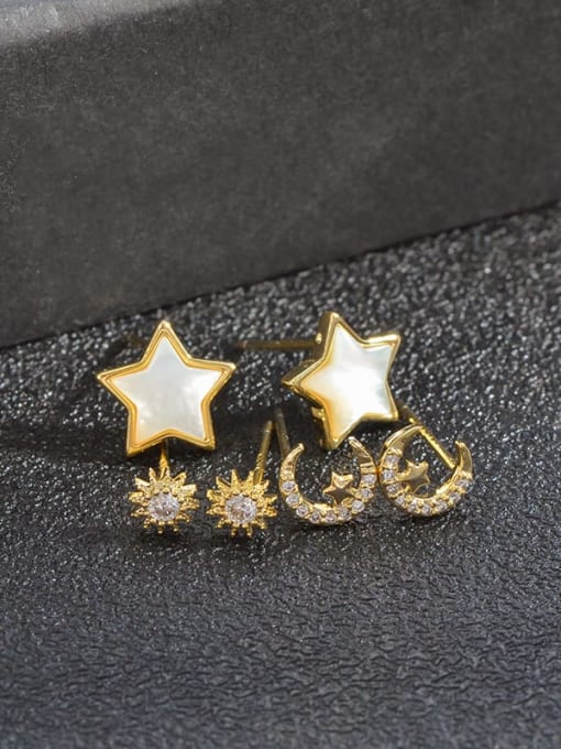 Gold E957 Brass Cubic Zirconia Star Moon Minimalist Stud Earring Set
