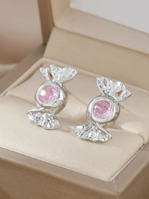 Steel color ED66107 Brass Cubic Zirconia Pink Candy Dainty Stud Earring