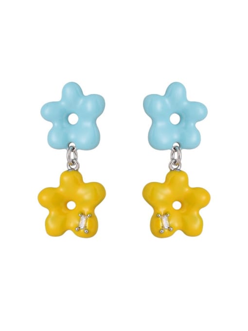 Yellow +blue flowers Brass Enamel Flower Minimalist Drop Earring