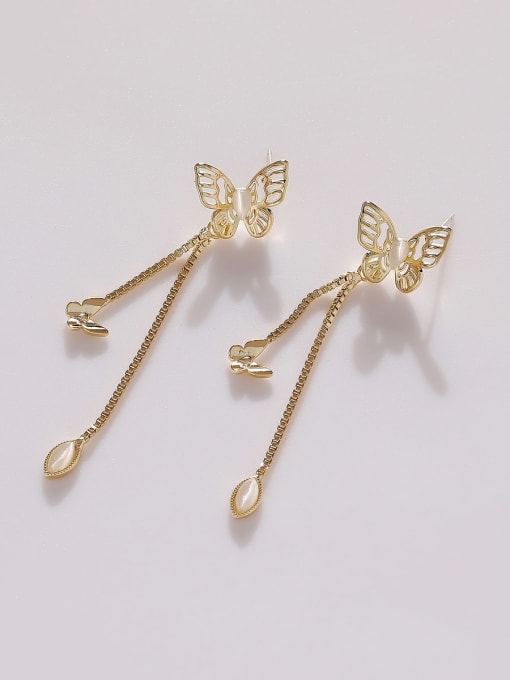 14k Gold Brass Cats Eye  Butterfly Tassel Minimalist Drop Earring