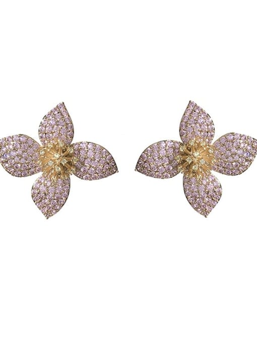 pink Brass Cubic Zirconia Flower Vintage Stud Earring