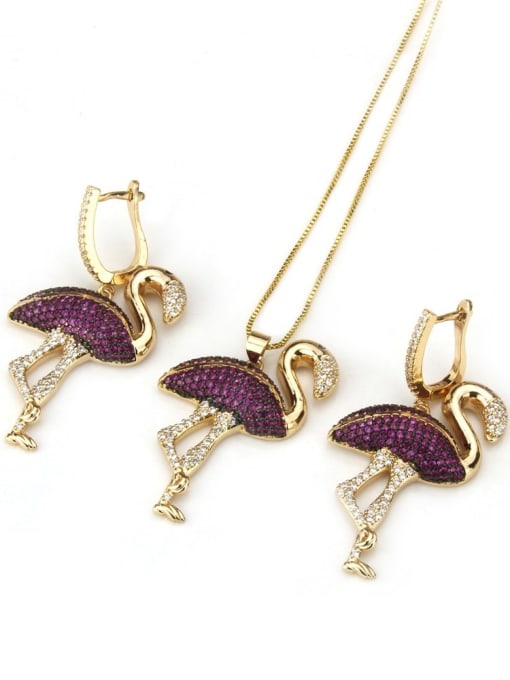 Gold Plated Flamingo suit Brass Flamingo Cubic Zirconia Earring and Necklace Set