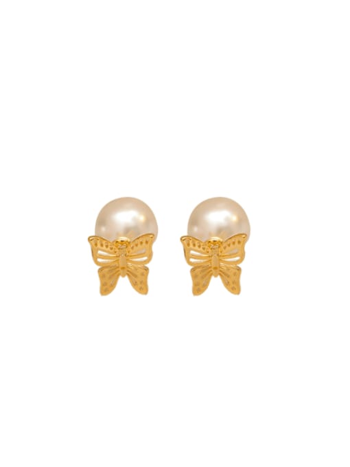 16K Gold +14 Pearl Brass Imitation Pearl Butterfly Minimalist Stud Earring