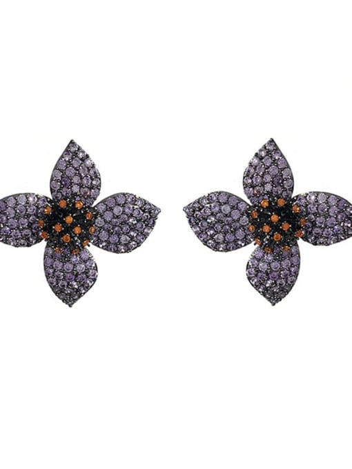 purple Brass Cubic Zirconia Flower Vintage Stud Earring
