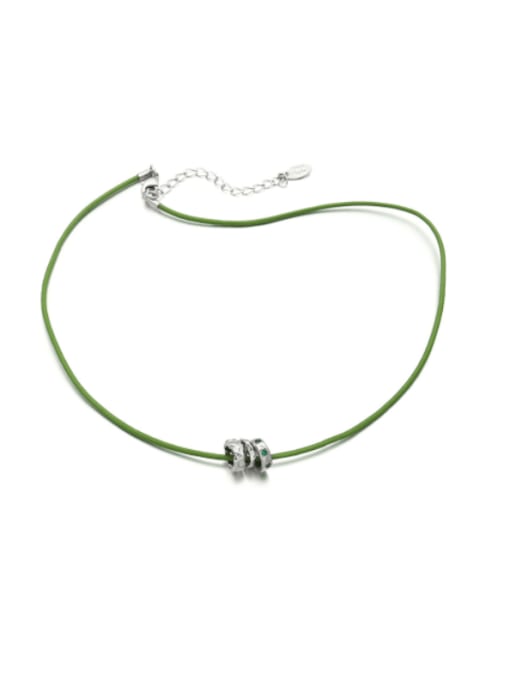green Brass Cubic Zirconia Leather Geometric Minimalist Necklace