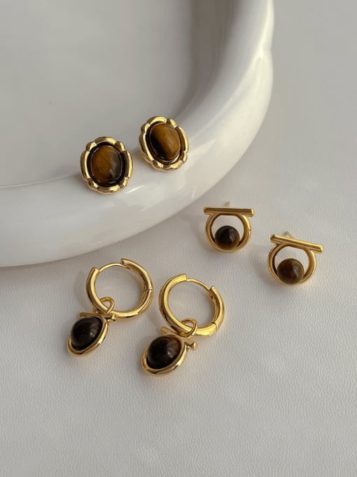 YOUH Brass Tiger Eye Geometric Vintage Stud Earring 0