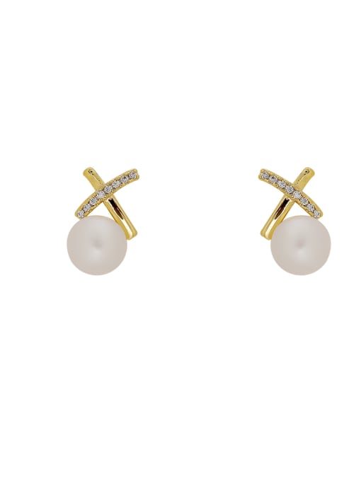 HYACINTH Brass Imitation Pearl Cross Minimalist Stud Earring 3