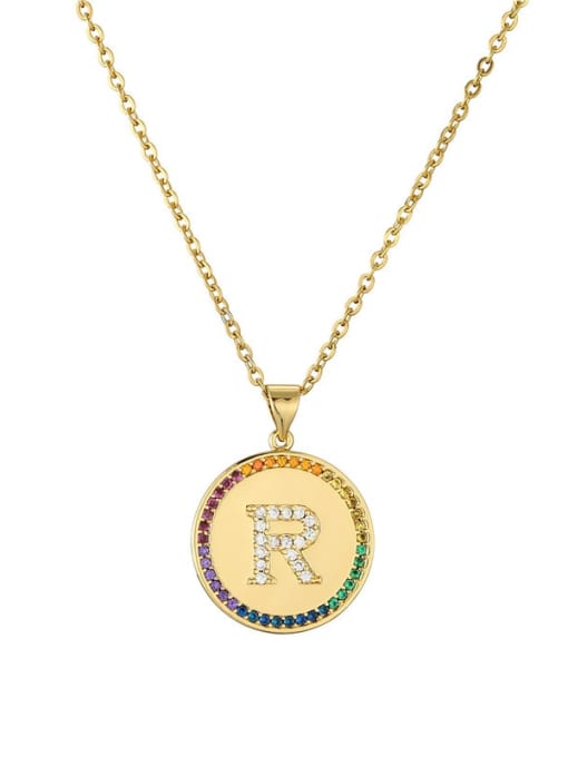 R Brass Cubic Zirconia Letter Vintage Coin Pendant Necklace