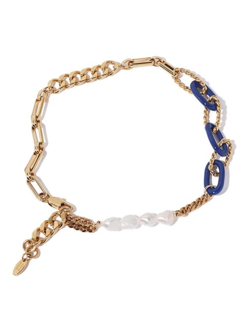 Blue drop oil Brass Freshwater Pearl Enamel Geometric Vintage Necklace