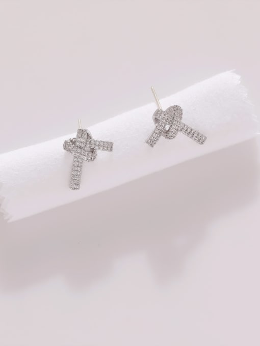 White K Brass Cubic Zirconia Geometric Minimalist Knot Stud Earring