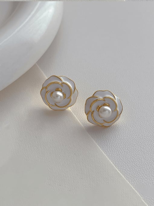 Dripping Oil Flower Pearl Earrings Brass Enamel Flower Minimalist Stud Earring