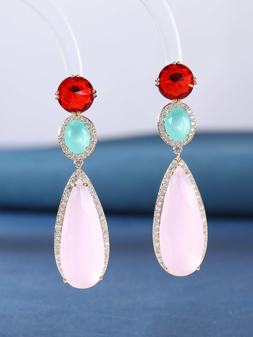 Pink Jade Brass Cubic Zirconia Water Drop Luxury Cluster Earring