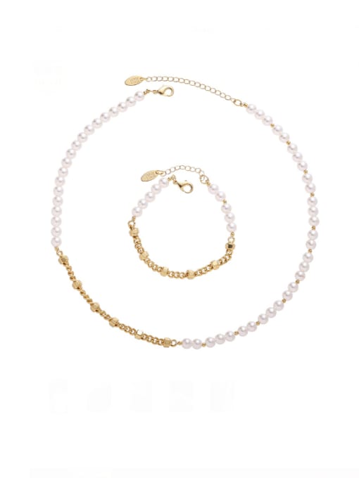 ACCA Brass Imitation Pearl Minimalist Geometric  Bracelet and Necklace Set 0
