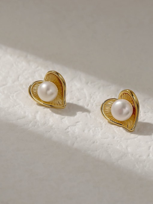 14k Gold Brass Imitation Pearl Heart Vintage Stud Trend Korean Fashion Earring
